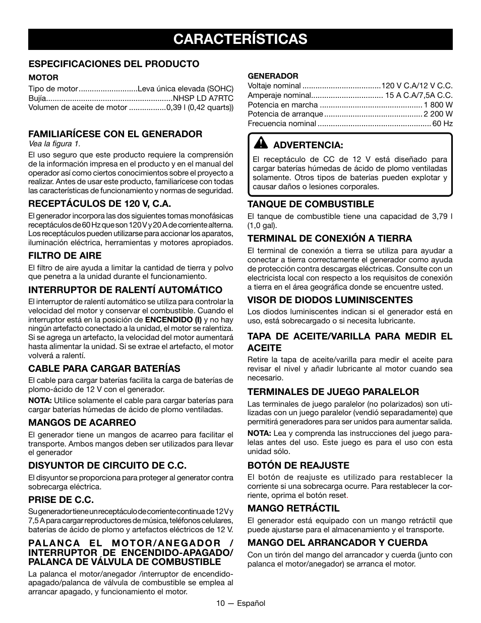 Características | Ryobi RYI2200G User Manual | Page 52 / 64