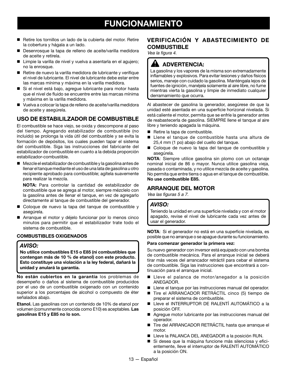 Funcionamiento, Uso de estabililzador de combustible, Aviso | Verificación y abastecimiento de combustible, Advertencia, Arranque del motor | Ryobi RYI2200G User Manual | Page 55 / 64