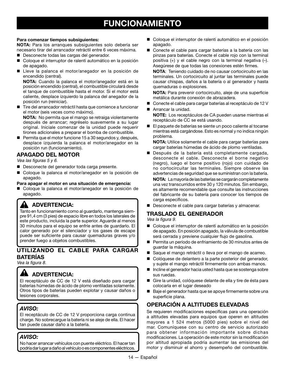 Funcionamiento, Apagado del motor, Advertencia | Utilizando el cable para cargar baterías, Aviso, Traslado el generador, Operación a altitudes elevadas | Ryobi RYI2200G User Manual | Page 56 / 64