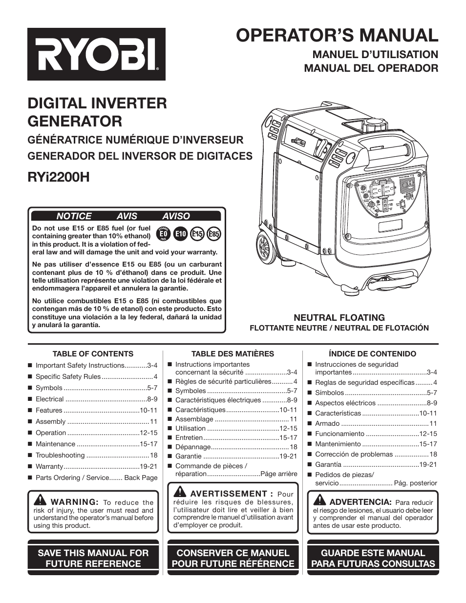Ryobi RYI2200H User Manual | 72 pages