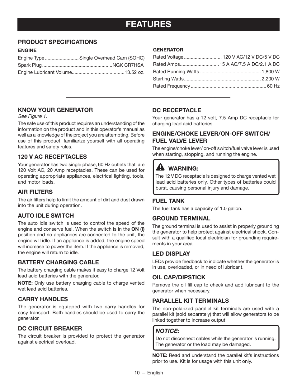 Features | Ryobi RYI2200H User Manual | Page 14 / 72