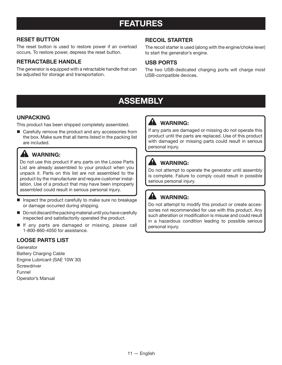 Assembly, Features | Ryobi RYI2200H User Manual | Page 15 / 72