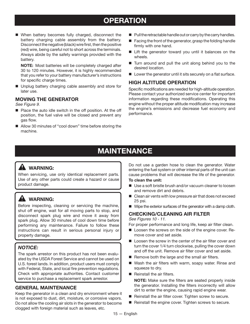 Operation, Maintenance | Ryobi RYI2200H User Manual | Page 19 / 72