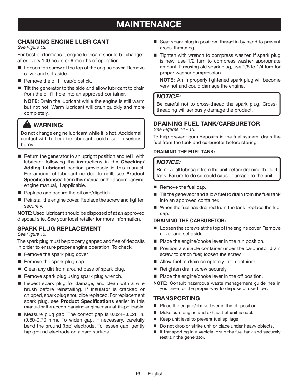 Maintenance | Ryobi RYI2200H User Manual | Page 20 / 72