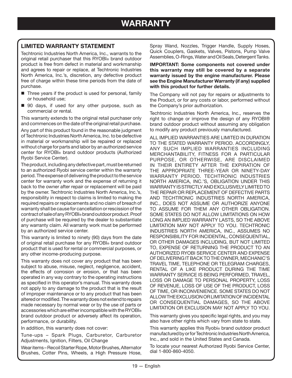 Warranty | Ryobi RYI2200H User Manual | Page 23 / 72