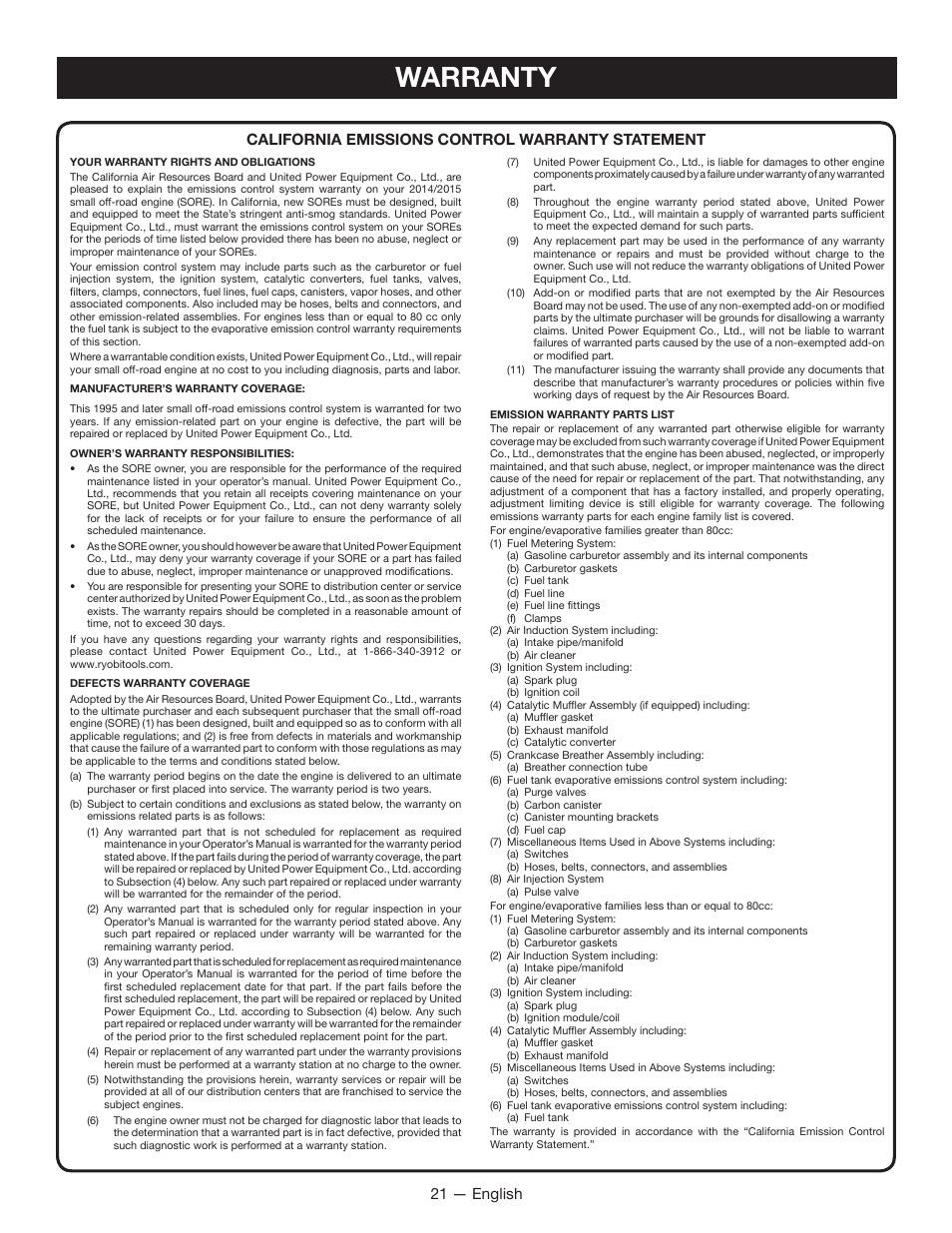 Warranty, 21 — english, California emissions control warranty statement | Ryobi RYI2200H User Manual | Page 25 / 72