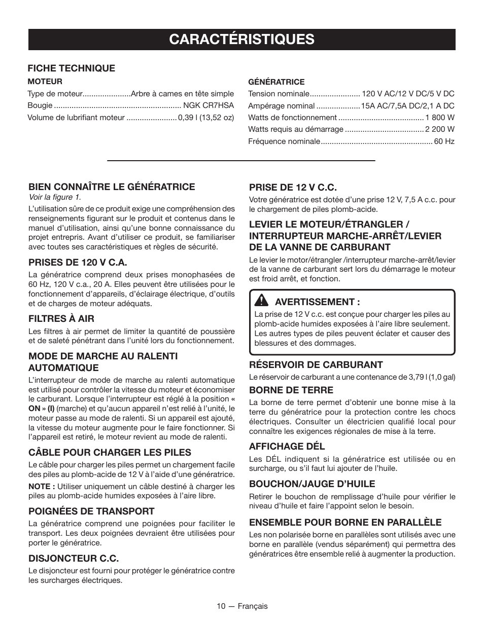 Caractéristiques | Ryobi RYI2200H User Manual | Page 36 / 72