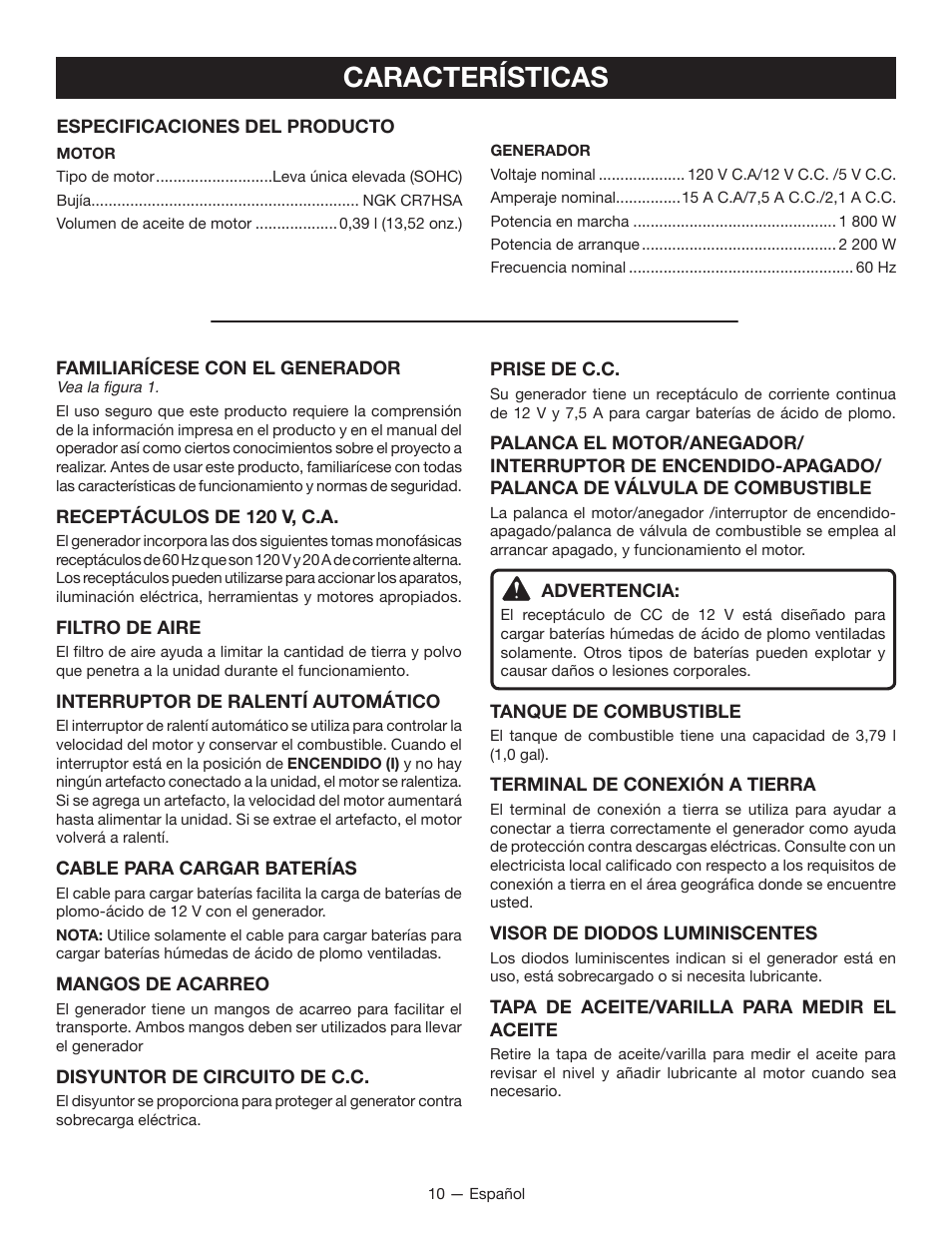 Características | Ryobi RYI2200H User Manual | Page 58 / 72