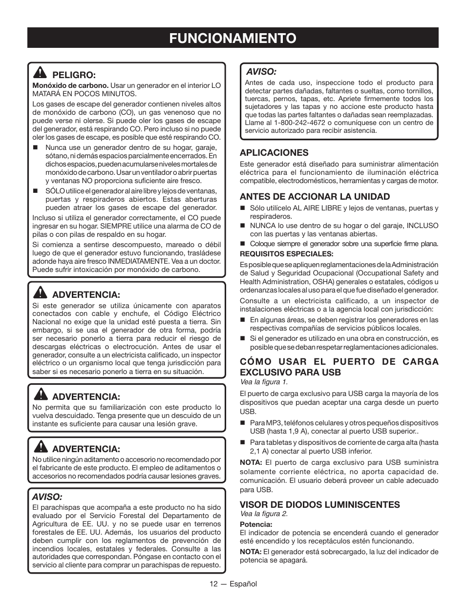 Funcionamiento | Ryobi RYI2200H User Manual | Page 60 / 72