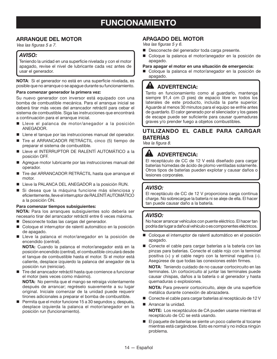 Funcionamiento, Arranque del motor, Aviso | Apagado del motor, Advertencia, Utilizando el cable para cargar baterías | Ryobi RYI2200H User Manual | Page 62 / 72