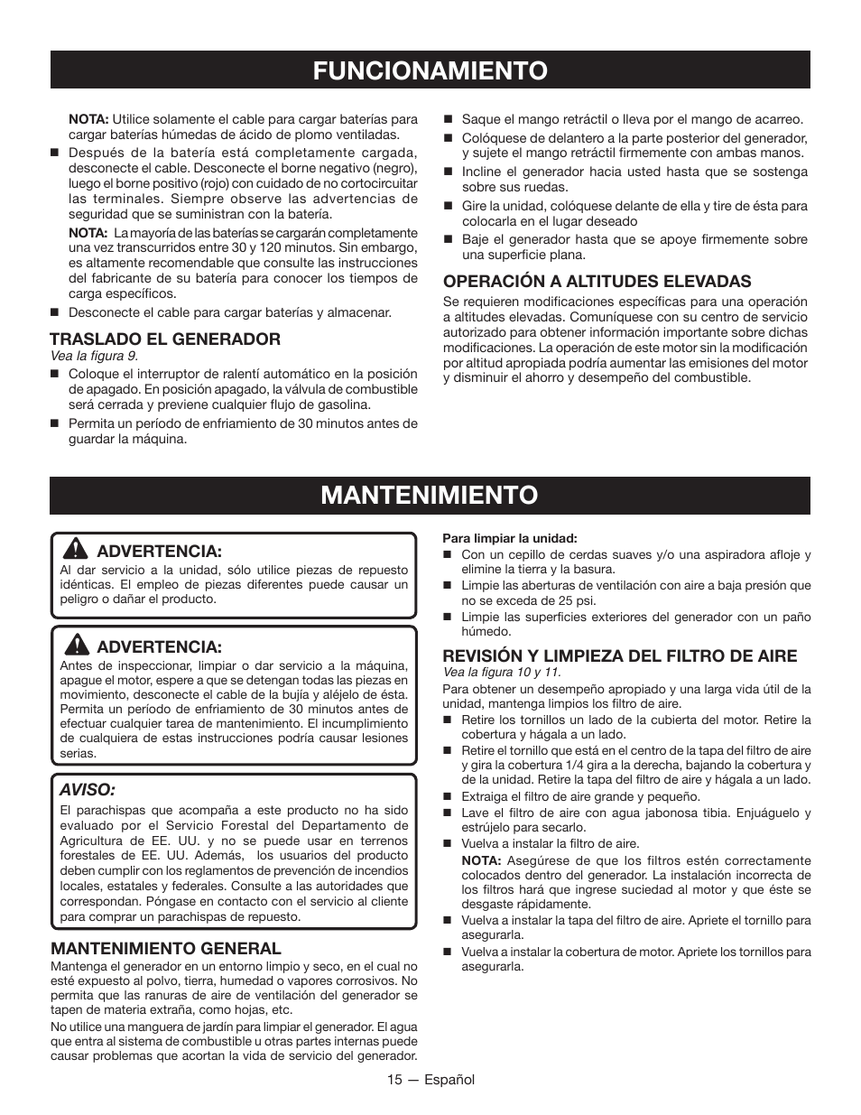 Mantenimiento funcionamiento, Traslado el generador, Operación a altitudes elevadas | Advertencia, Aviso, Mantenimiento general, Revisión y limpieza del filtro de aire | Ryobi RYI2200H User Manual | Page 63 / 72