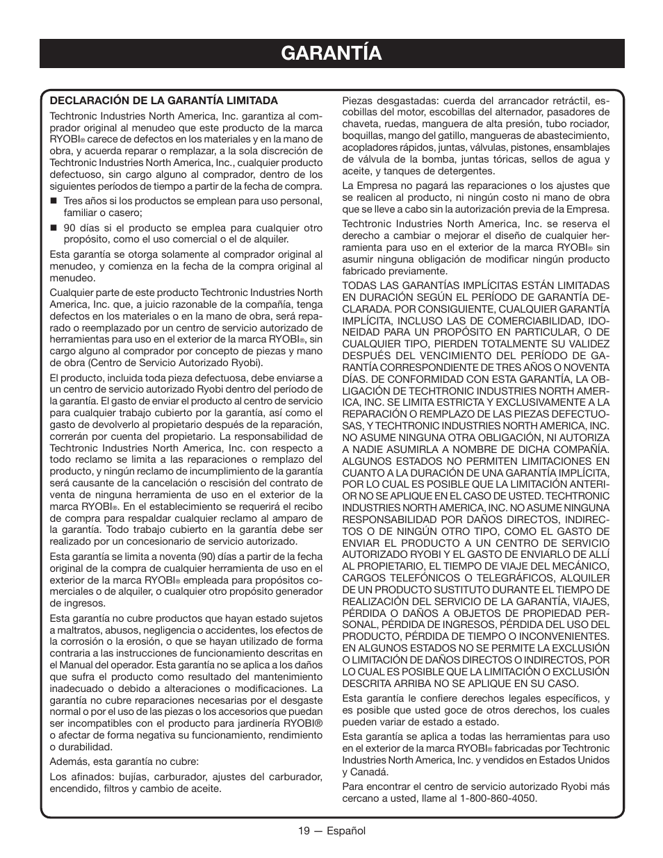 Garantía | Ryobi RYI2200H User Manual | Page 67 / 72