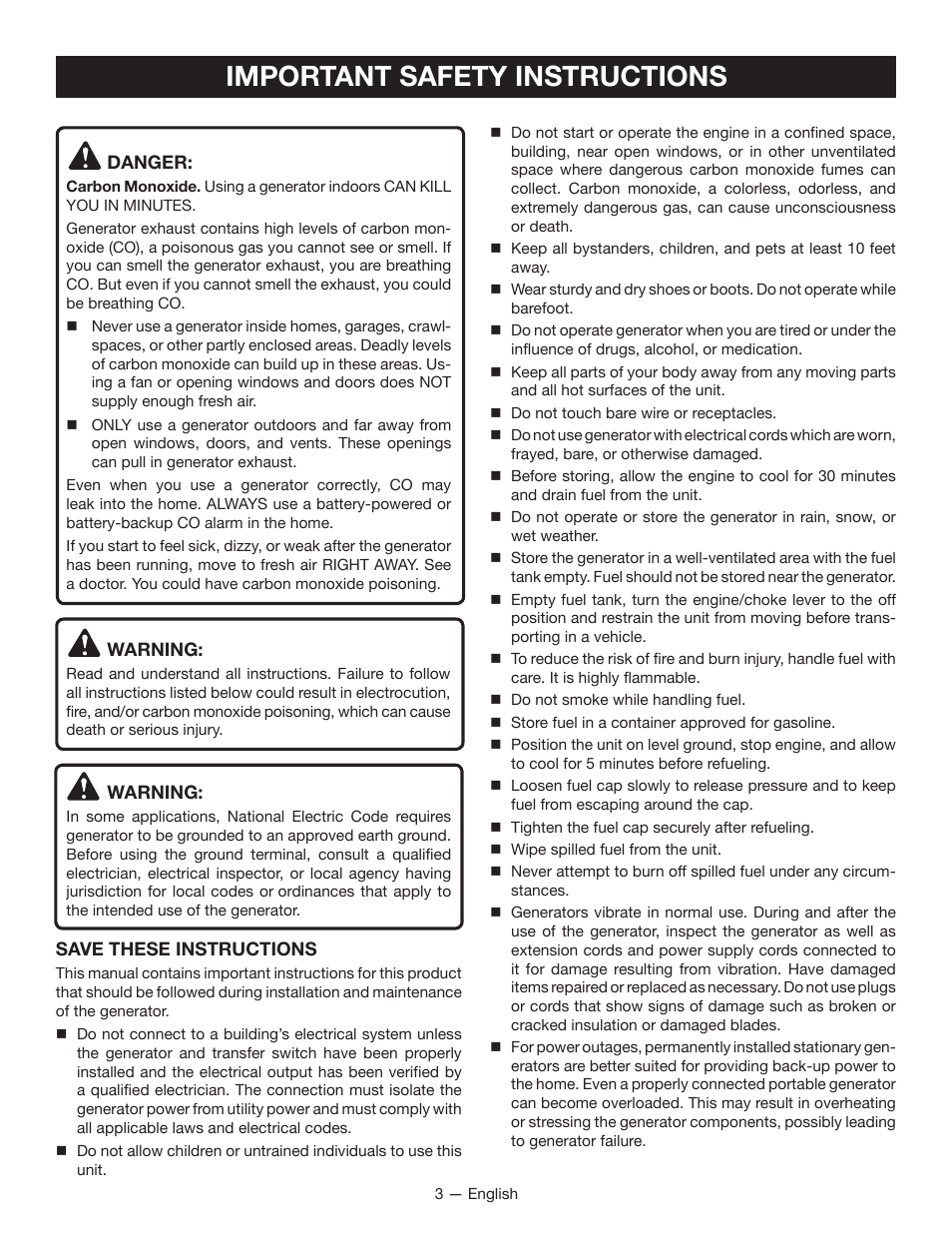 Important safety instructions | Ryobi RYI2200H User Manual | Page 7 / 72
