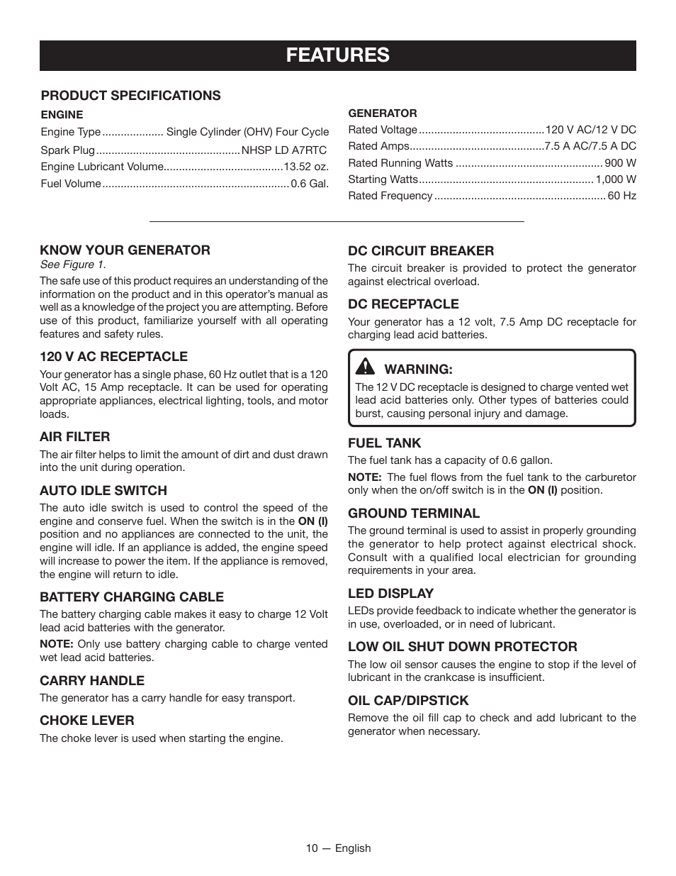 Features | Ryobi RYI1000 User Manual | Page 14 / 68