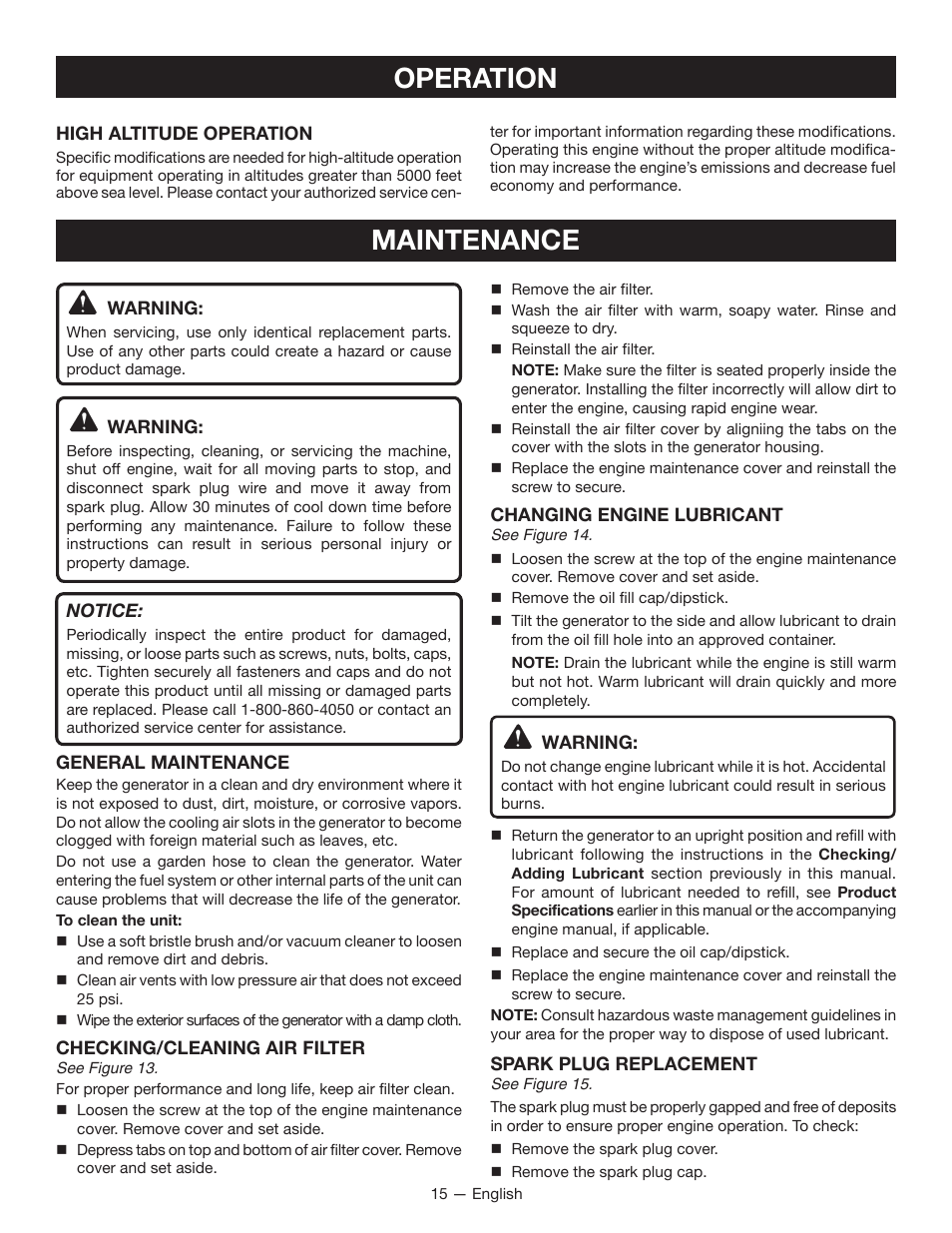 Operation maintenance | Ryobi RYI1000 User Manual | Page 19 / 68