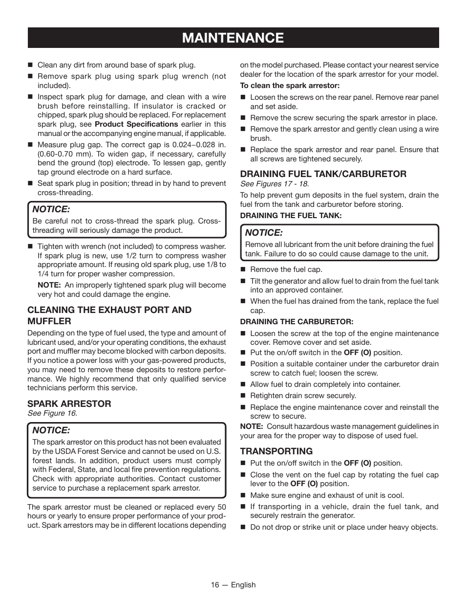 Maintenance | Ryobi RYI1000 User Manual | Page 20 / 68