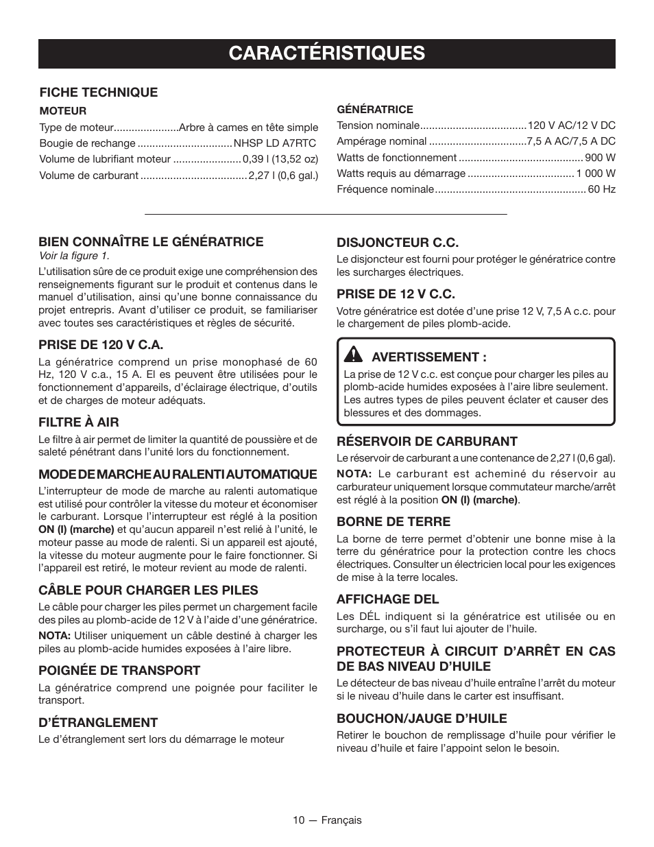 Caractéristiques | Ryobi RYI1000 User Manual | Page 34 / 68