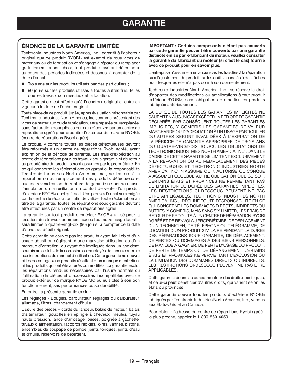 Garantie, Énoncé de la garantie limitée | Ryobi RYI1000 User Manual | Page 43 / 68