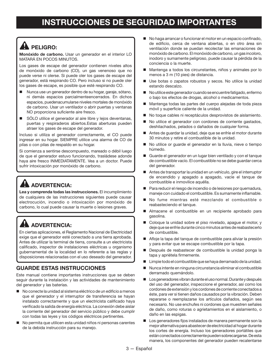 Instrucciones de seguridad importantes, Peligro, Advertencia | Guarde estas instrucciones | Ryobi RYI1000 User Manual | Page 47 / 68