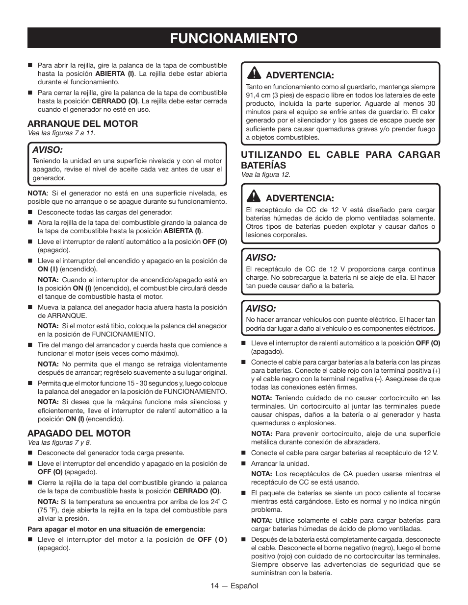 Funcionamiento, Arranque del motor, Aviso | Apagado del motor, Advertencia, Utilizando el cable para cargar baterías | Ryobi RYI1000 User Manual | Page 58 / 68