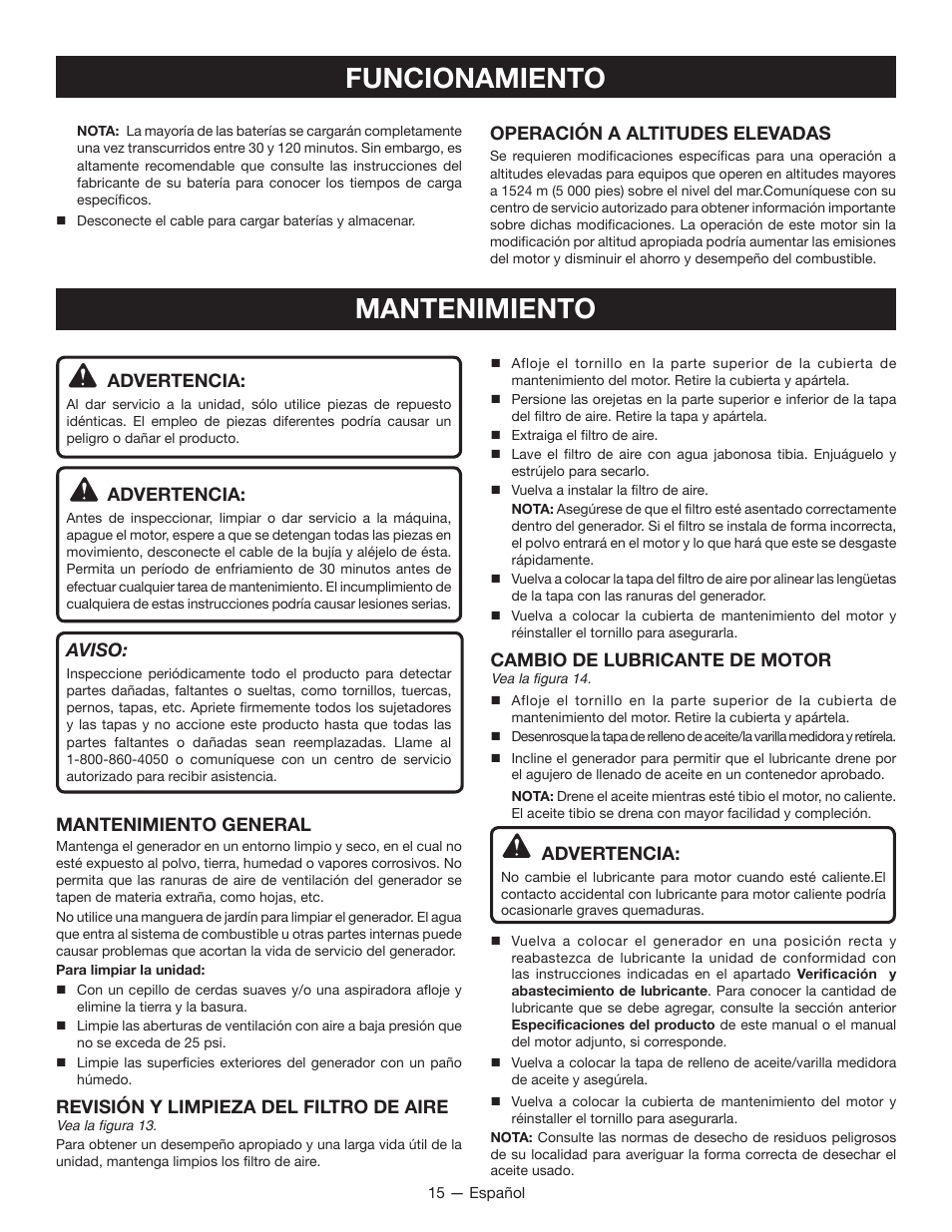 Funcionamiento mantenimiento | Ryobi RYI1000 User Manual | Page 59 / 68