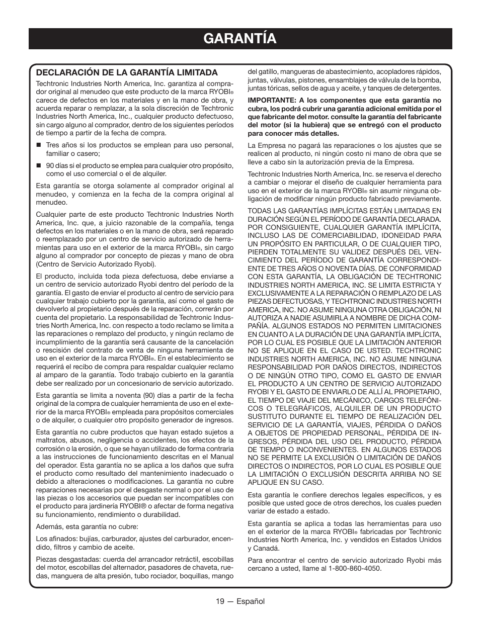 Garantía, Declaración de la garantía limitada | Ryobi RYI1000 User Manual | Page 63 / 68