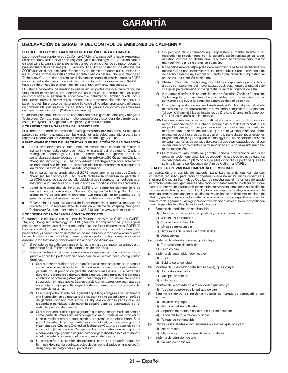 Garantía, 21 — español | Ryobi RYI1000 User Manual | Page 65 / 68