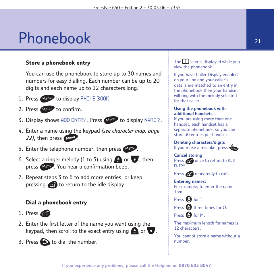 Phonebook | BT Freestyle 650 User Manual | Page 21 / 68