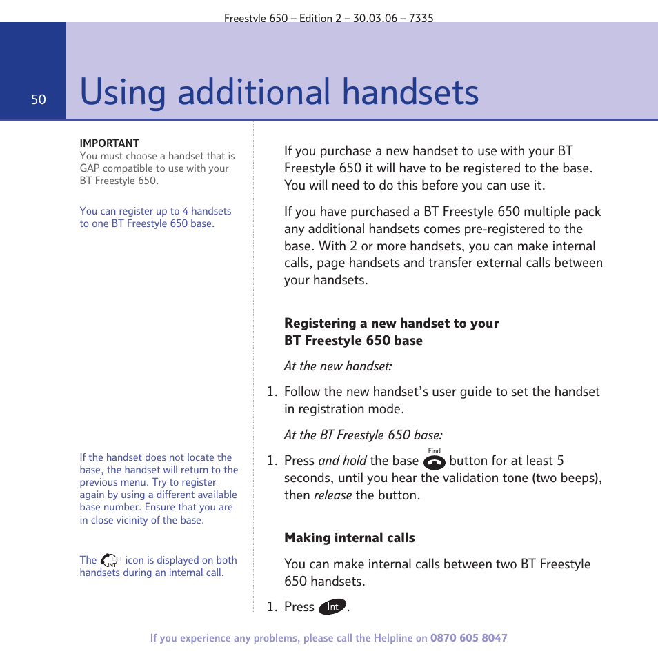 Using additional handsets | BT Freestyle 650 User Manual | Page 50 / 68