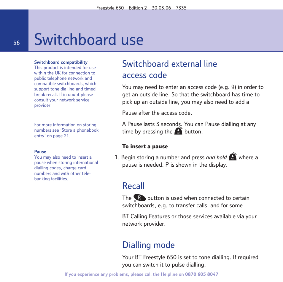 Switchboard use, Switchboard external line access code, Recall | Dialling mode | BT Freestyle 650 User Manual | Page 56 / 68