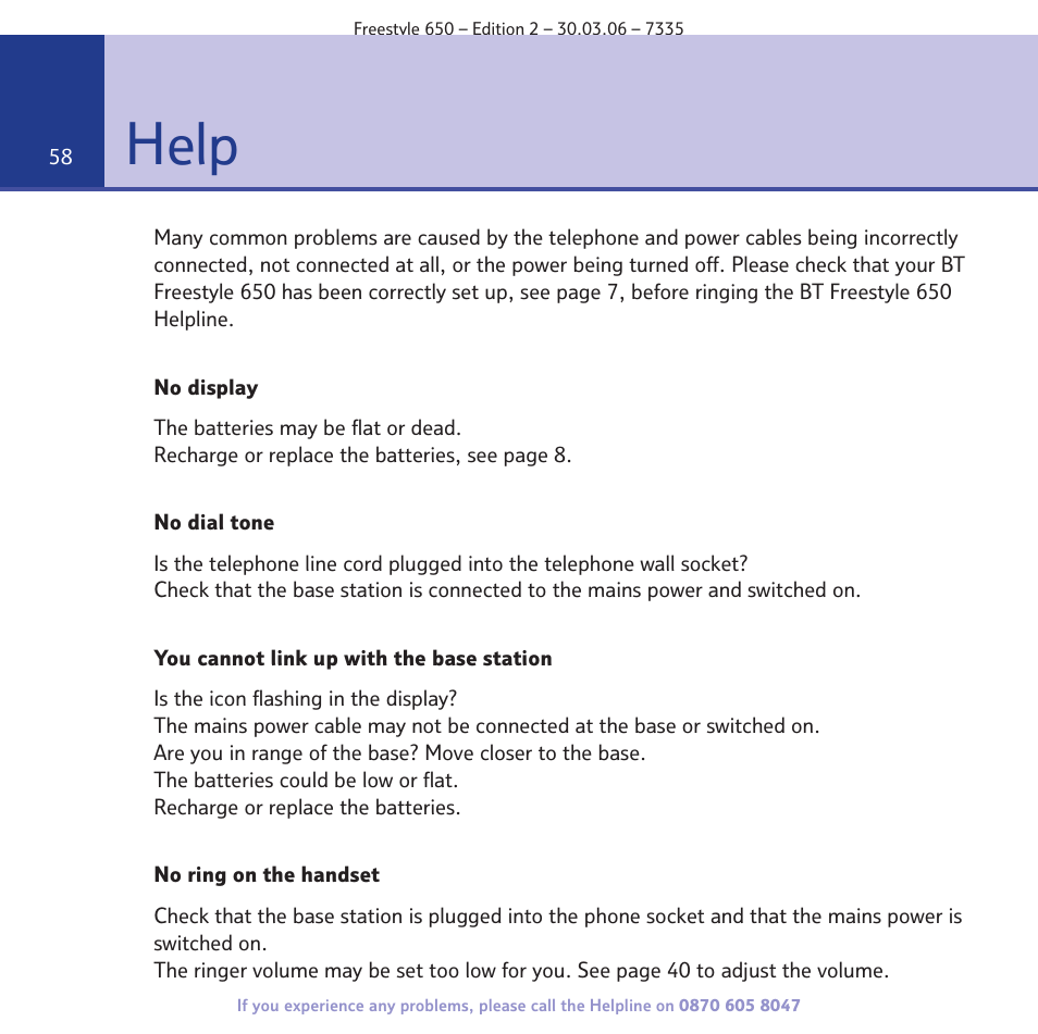 Help | BT Freestyle 650 User Manual | Page 58 / 68