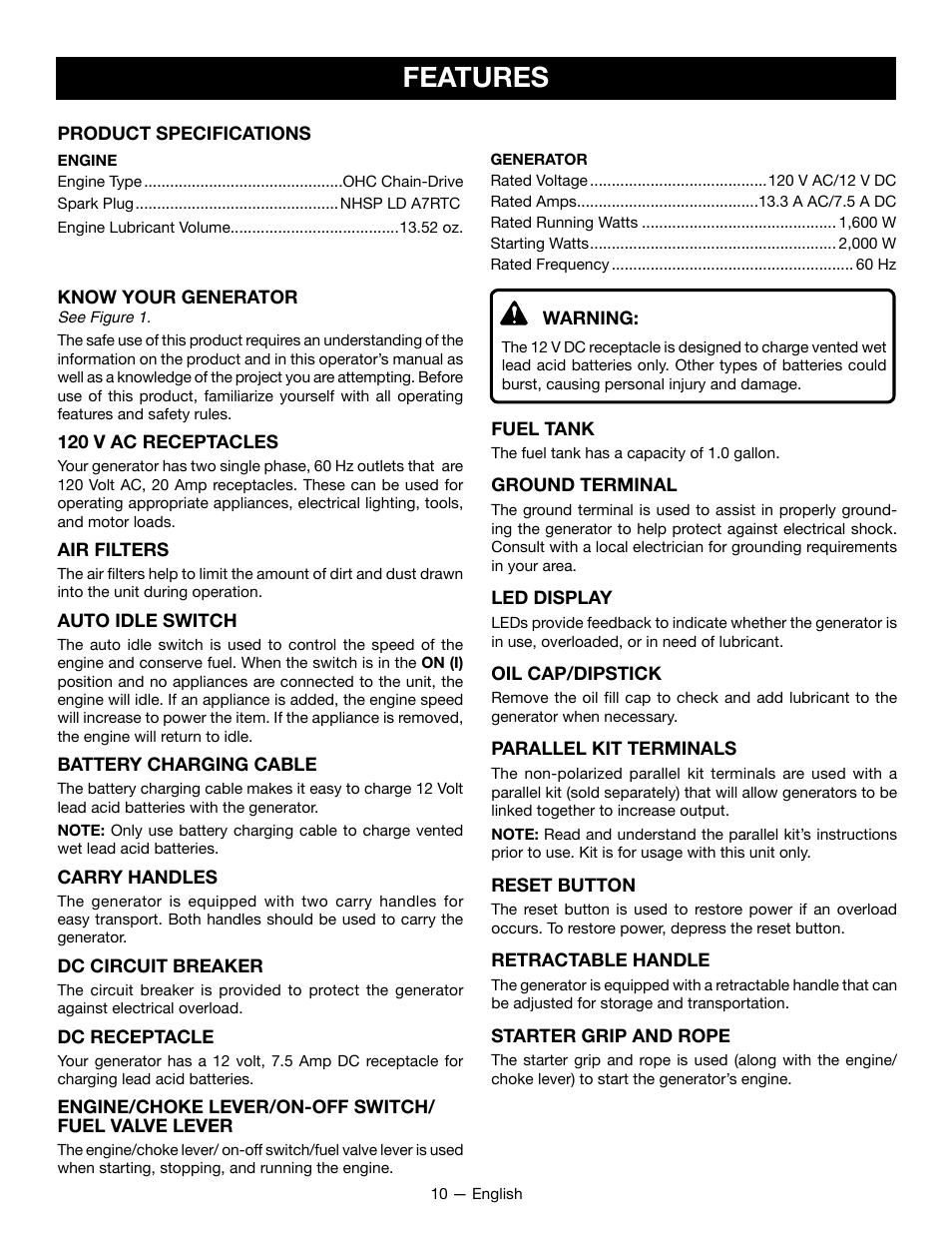 Features | Ryobi RYCI2001 User Manual | Page 14 / 64