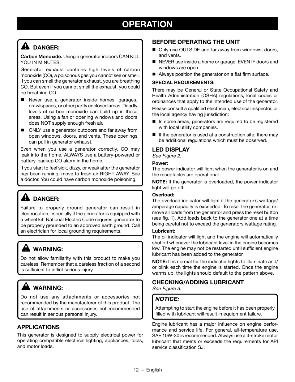 Operation | Ryobi RYCI2001 User Manual | Page 16 / 64