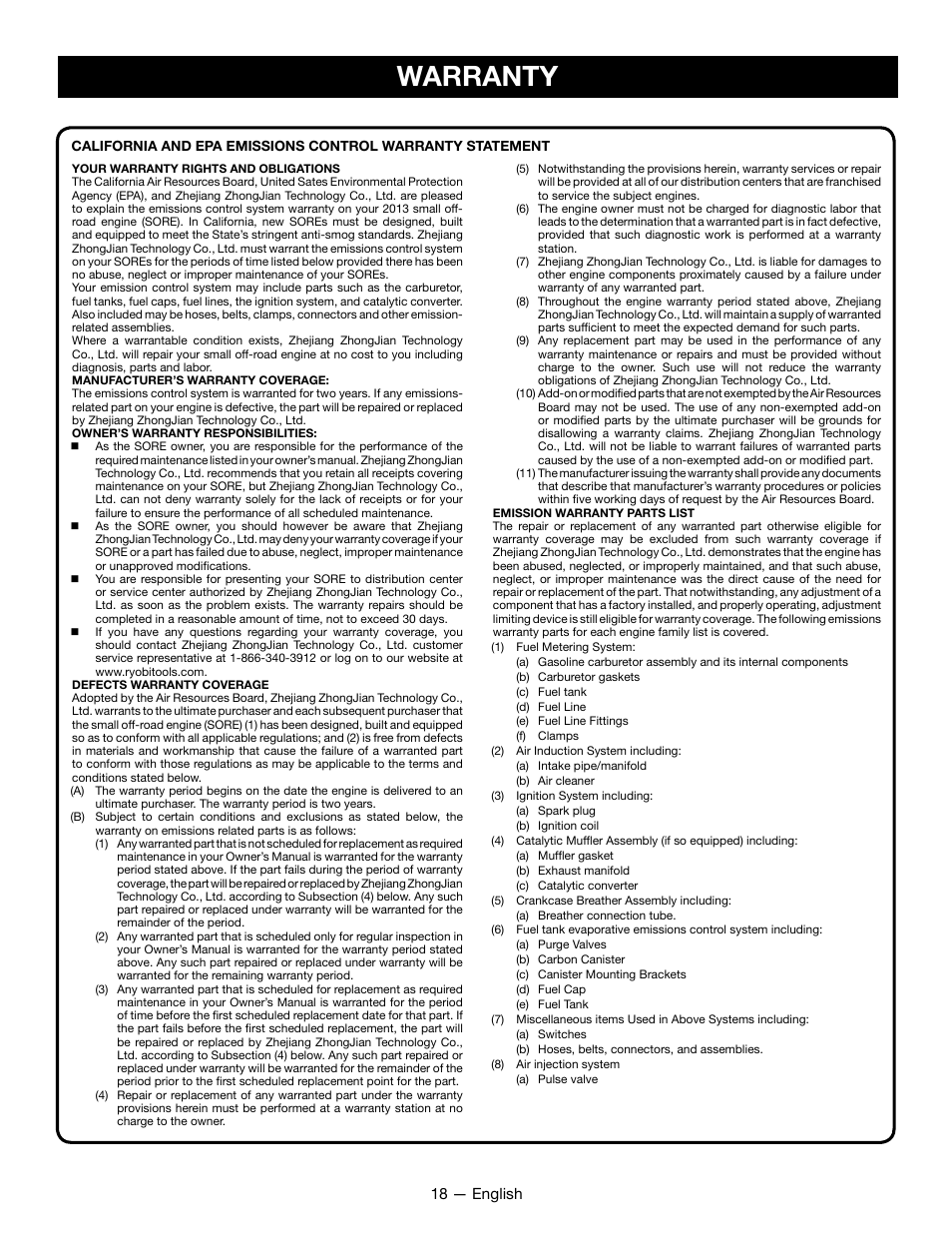 Warranty, 18 — english | Ryobi RYCI2001 User Manual | Page 22 / 64