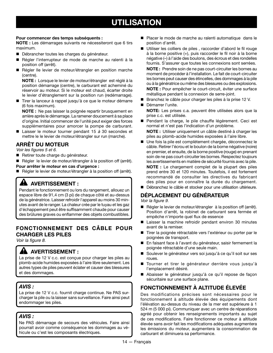 Utilisation, Arrêt du moteur, Avertissement | Fonctionnement des câble pour charger les piles, Avis, Déplacement du générateur, Fonctionnement à altitude élevée | Ryobi RYCI2001 User Manual | Page 37 / 64