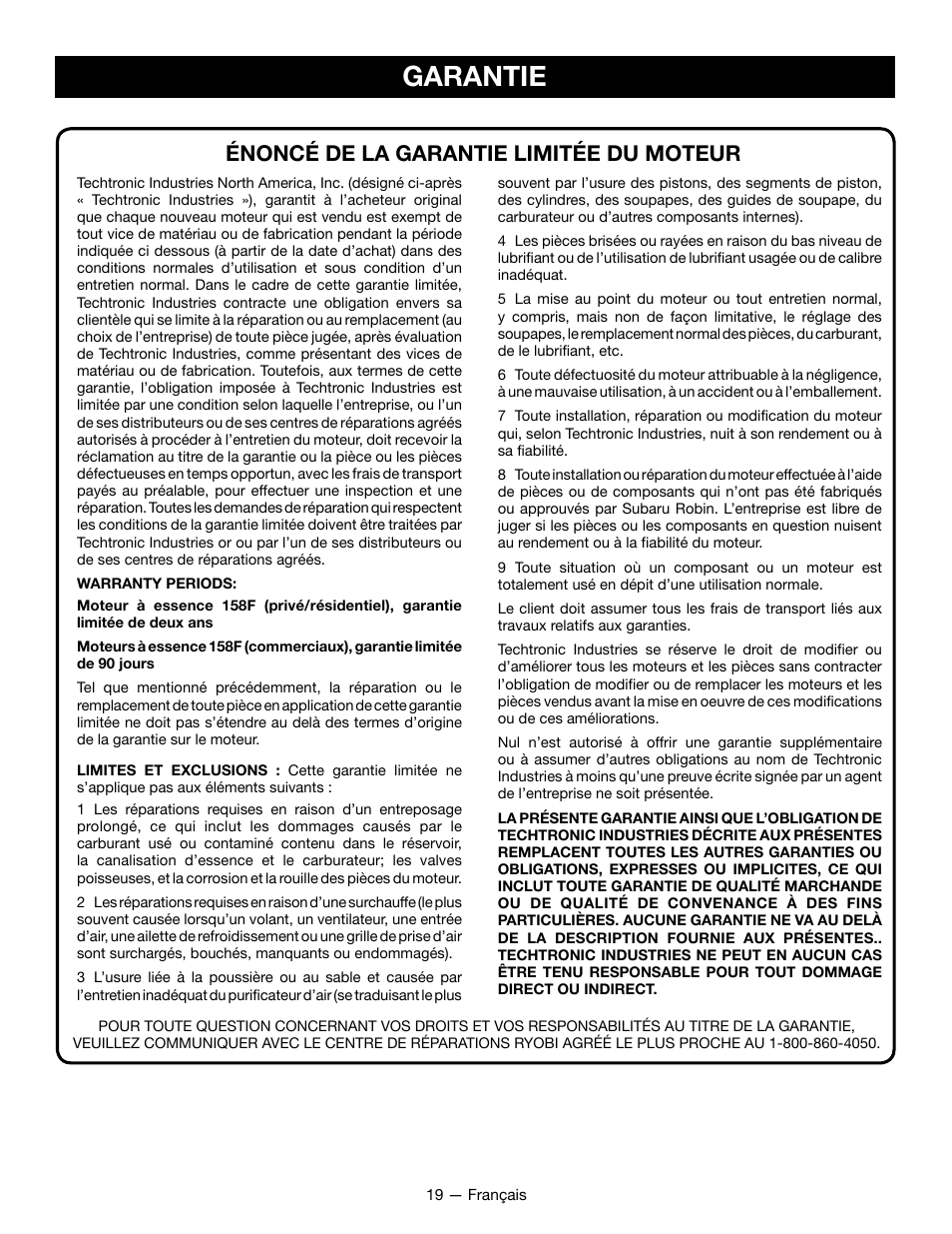 Garantie, Énoncé de la garantie limitée du moteur | Ryobi RYCI2001 User Manual | Page 42 / 64
