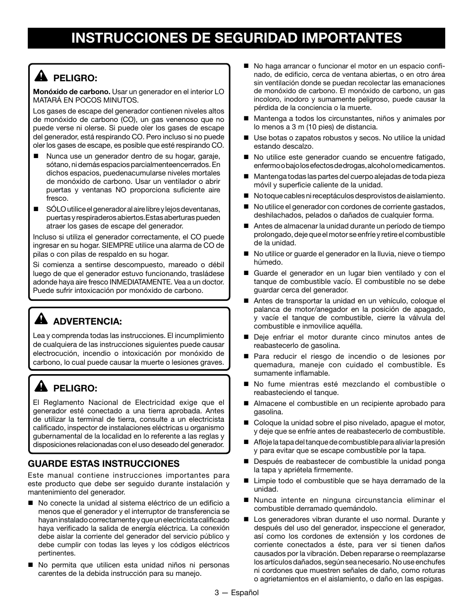 Instrucciones de seguridad importantes, Peligro, Advertencia | Guarde estas instrucciones | Ryobi RYCI2001 User Manual | Page 45 / 64