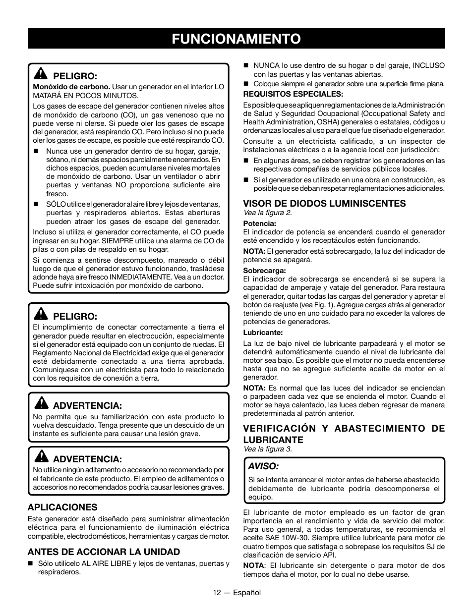 Funcionamiento, Peligro, Advertencia | Aplicaciones, Antes de accionar la unidad, Visor de diodos luminiscentes, Verificación y abastecimiento de lubricante, Aviso | Ryobi RYCI2001 User Manual | Page 54 / 64