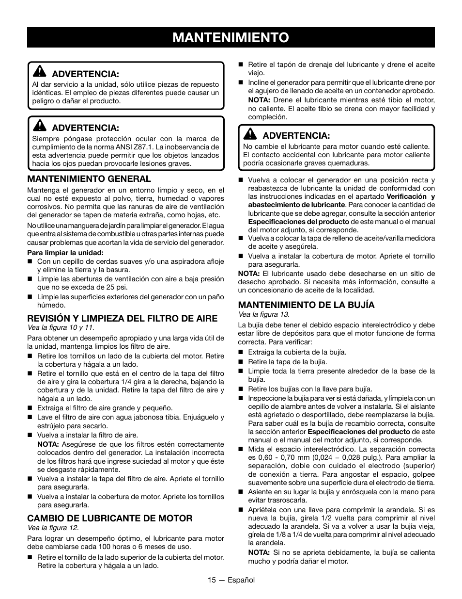 Mantenimiento, Advertencia, Mantenimiento de la bujía | Mantenimiento general, Revisión y limpieza del filtro de aire, Cambio de lubricante de motor | Ryobi RYCI2001 User Manual | Page 57 / 64