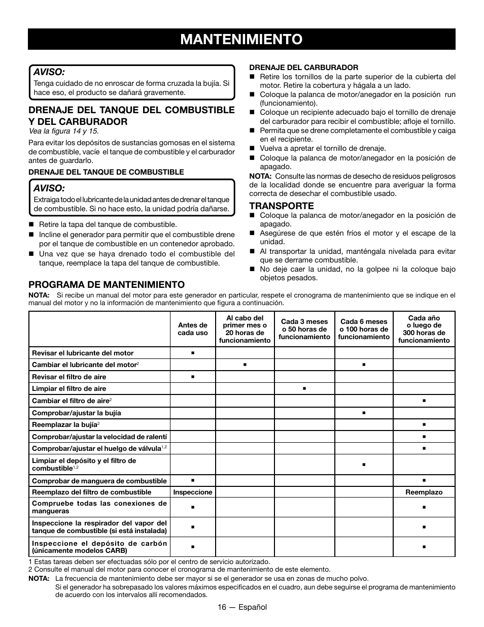 Mantenimiento, Aviso, Transporte | Programa de mantenimiento | Ryobi RYCI2001 User Manual | Page 58 / 64