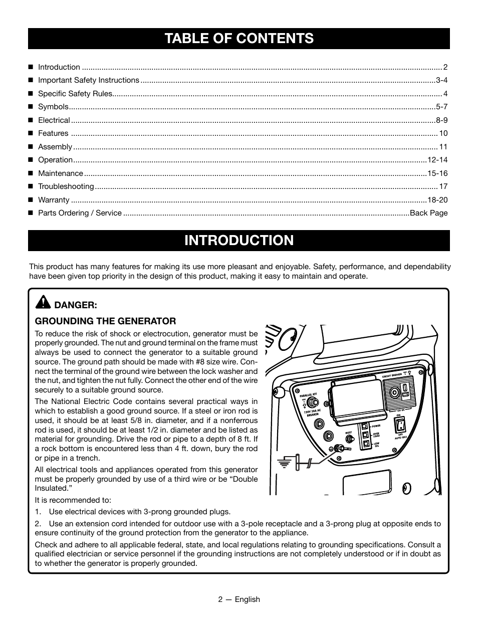 Table of contents introduction | Ryobi RYCI2001 User Manual | Page 6 / 64