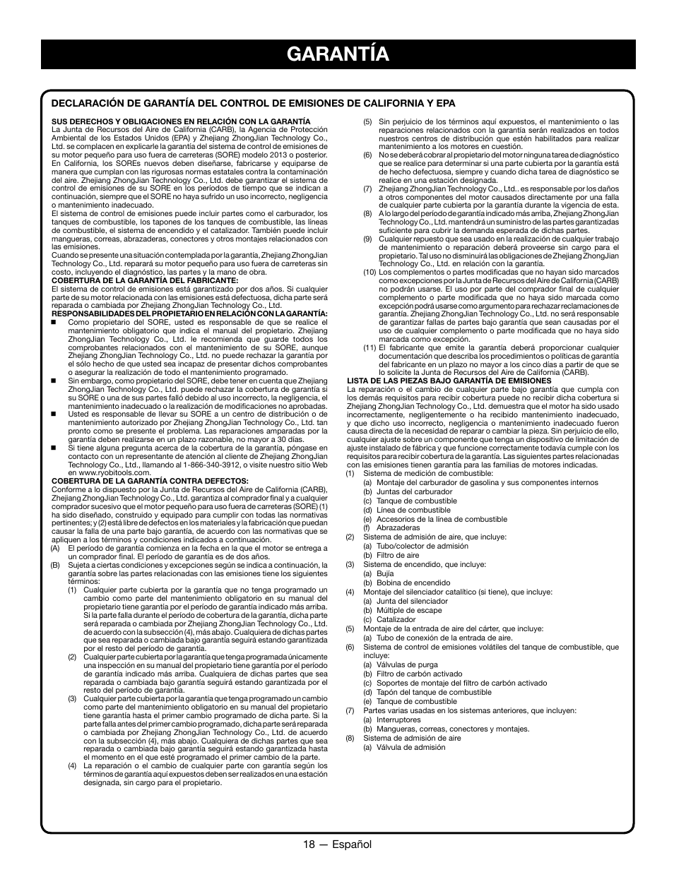 Garantía, 18 — español | Ryobi RYCI2001 User Manual | Page 60 / 64