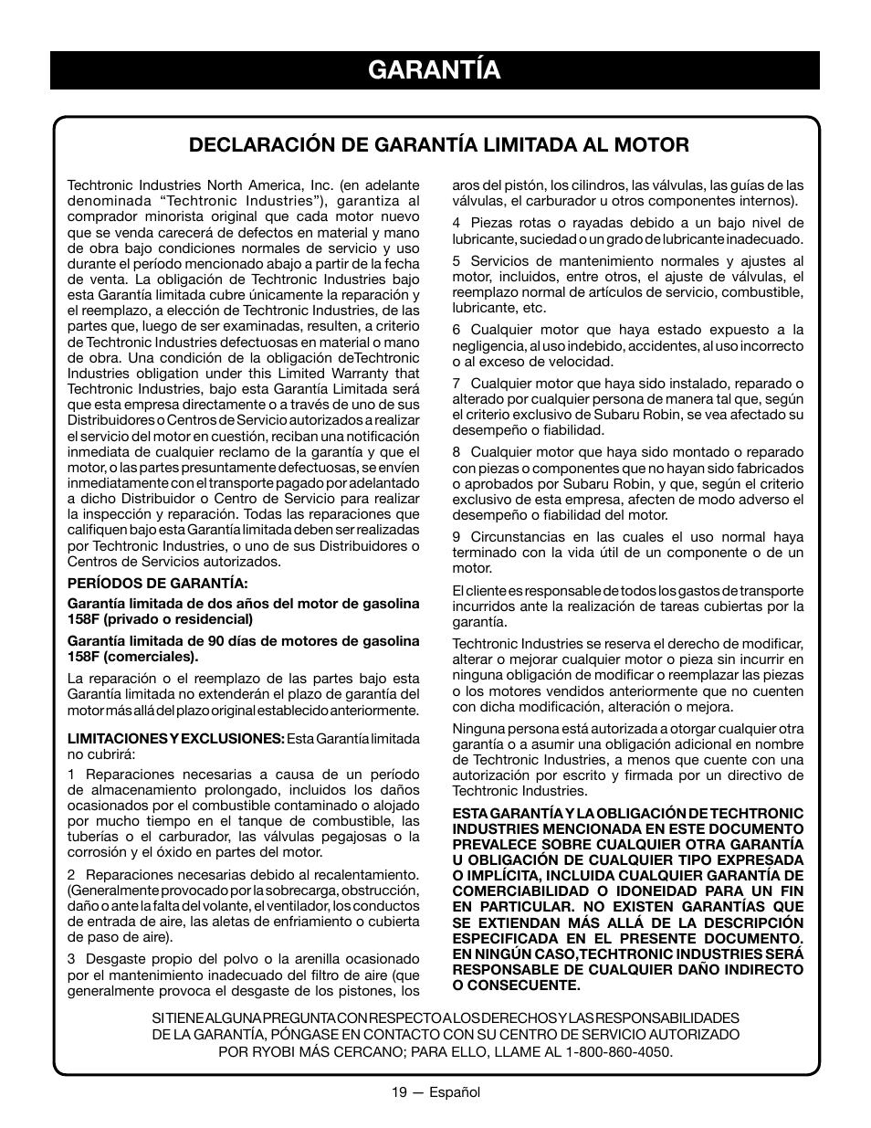 Garantía, Declaración de garantía limitada al motor | Ryobi RYCI2001 User Manual | Page 61 / 64