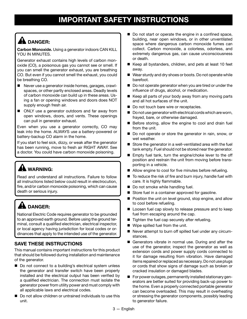 Important safety instructions | Ryobi RYCI2001 User Manual | Page 7 / 64