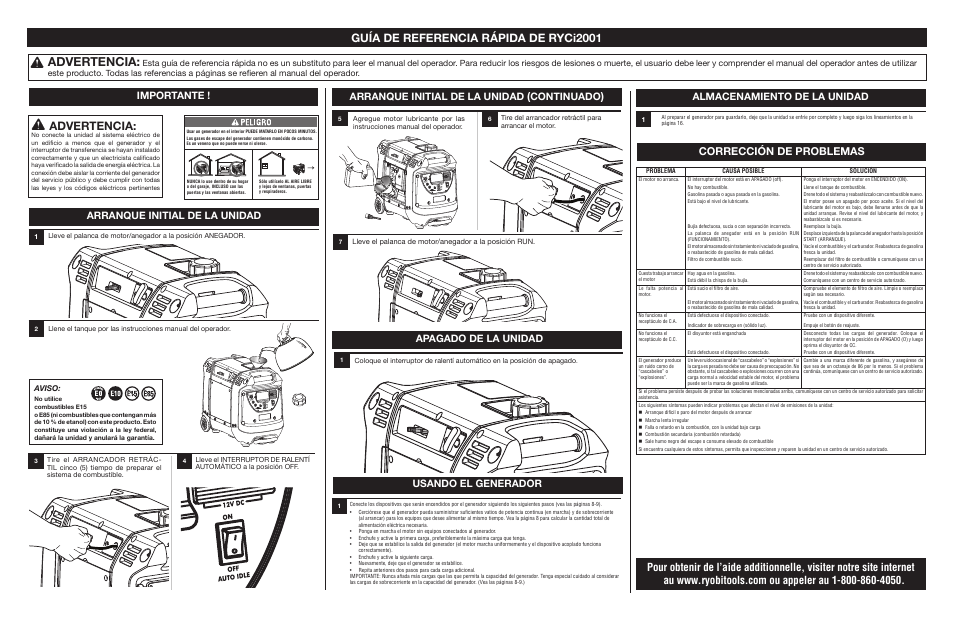 Advertencia, Guía de referencia rápida de ryci2001, Corrección de problemas | Importante, Arranque initial de la unidad, Apagado de la unidad, Usando el generador, Almacenamiento de la unidad, Continuado, Aviso | Ryobi RYCI2001 User Manual | Page 3 / 3