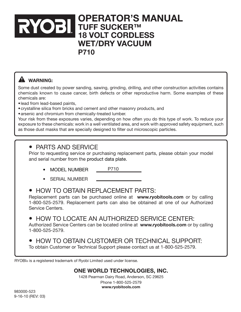 Operator’s manual, Tuff sucker™ 18 volt cordless wet/dry vacuum, P710 | Ryobi P710 User Manual | Page 14 / 44