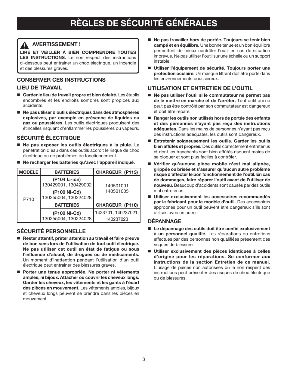 Règles de sécurité générales | Ryobi P710 User Manual | Page 17 / 44