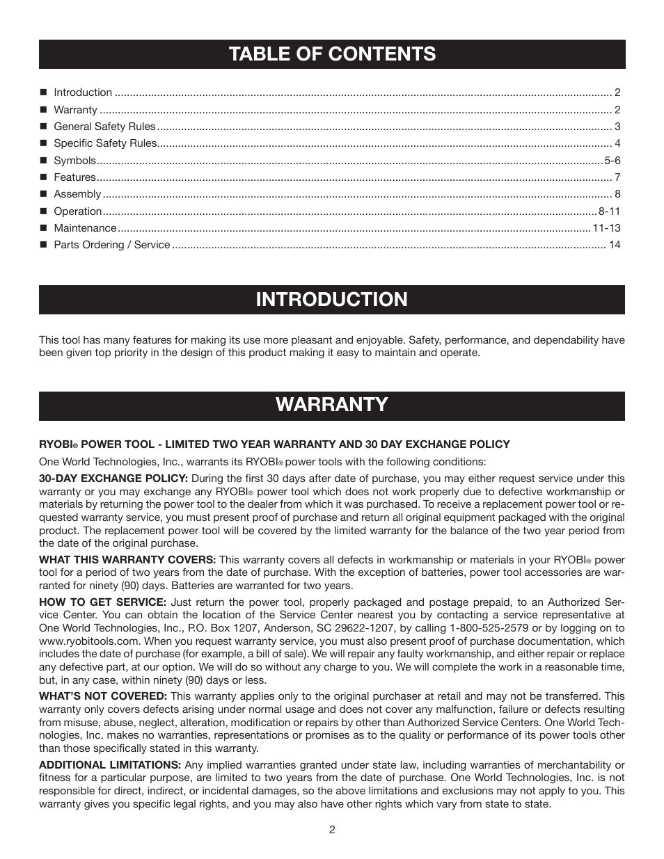 Table of contents introduction, Warranty | Ryobi P710 User Manual | Page 2 / 44