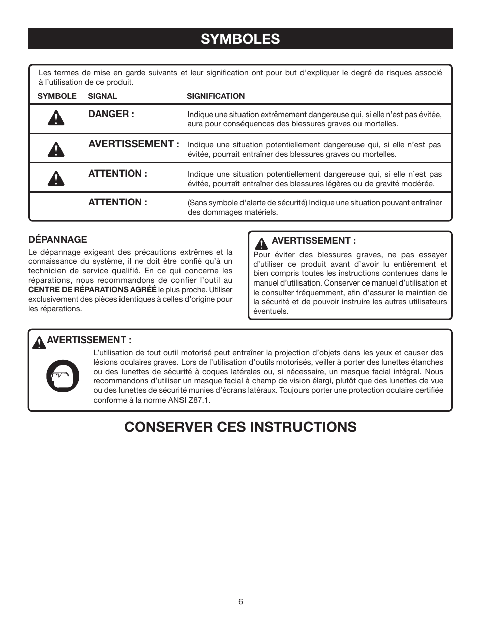 Symboles, Conserver ces instructions | Ryobi P710 User Manual | Page 20 / 44