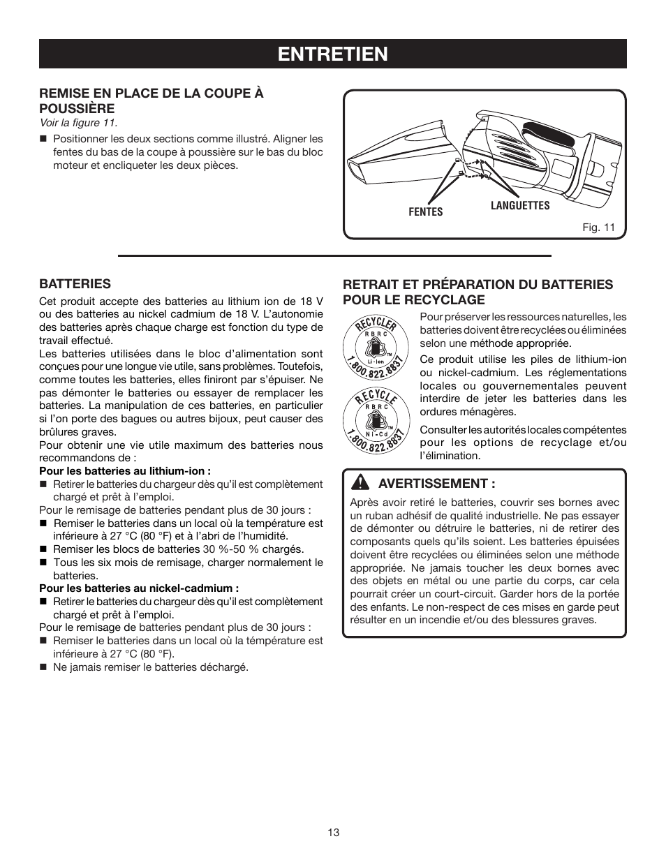 Entretien | Ryobi P710 User Manual | Page 27 / 44